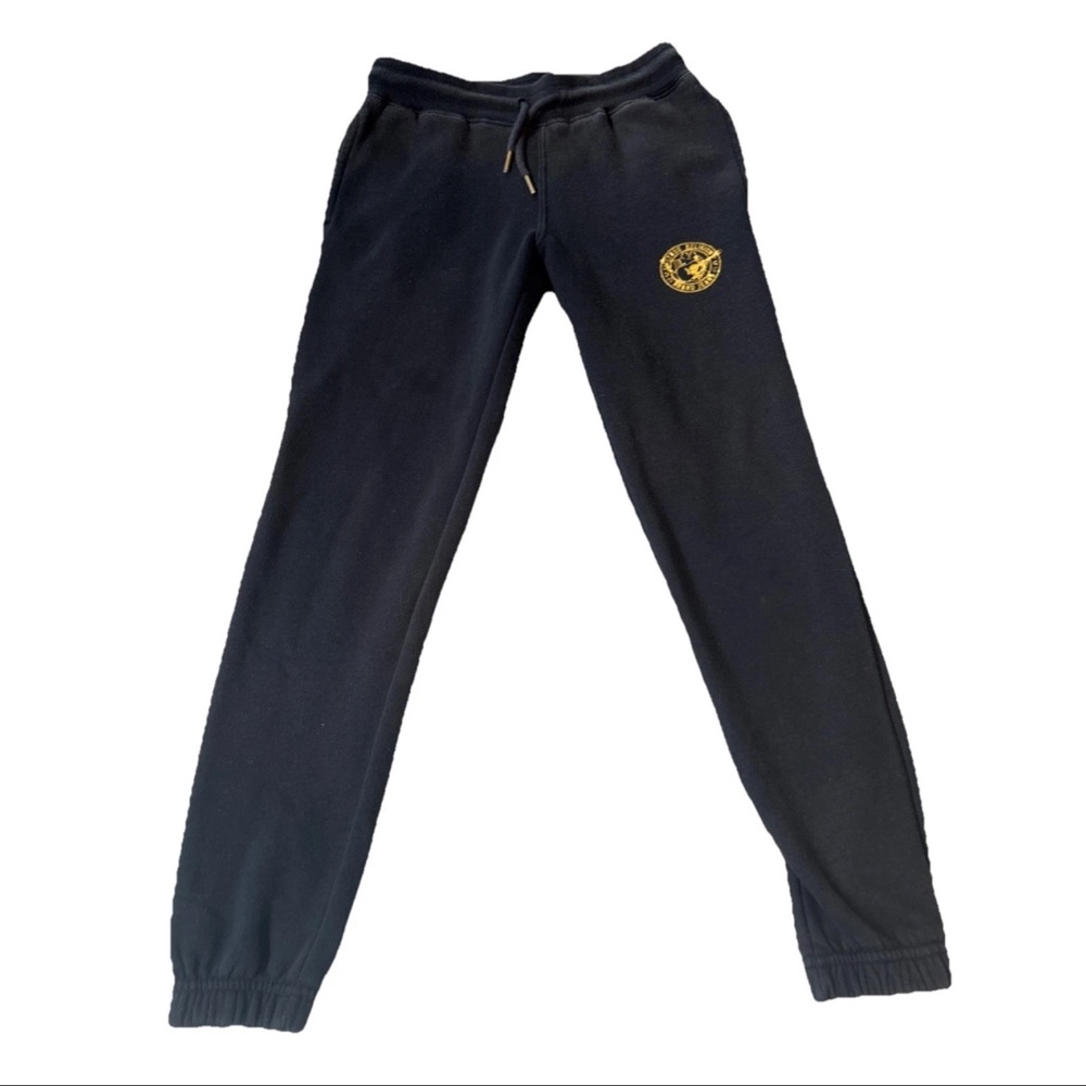 True Religion Youth Black Gold Glitter large Logo Fleece Sweatpants Pockets Sz L